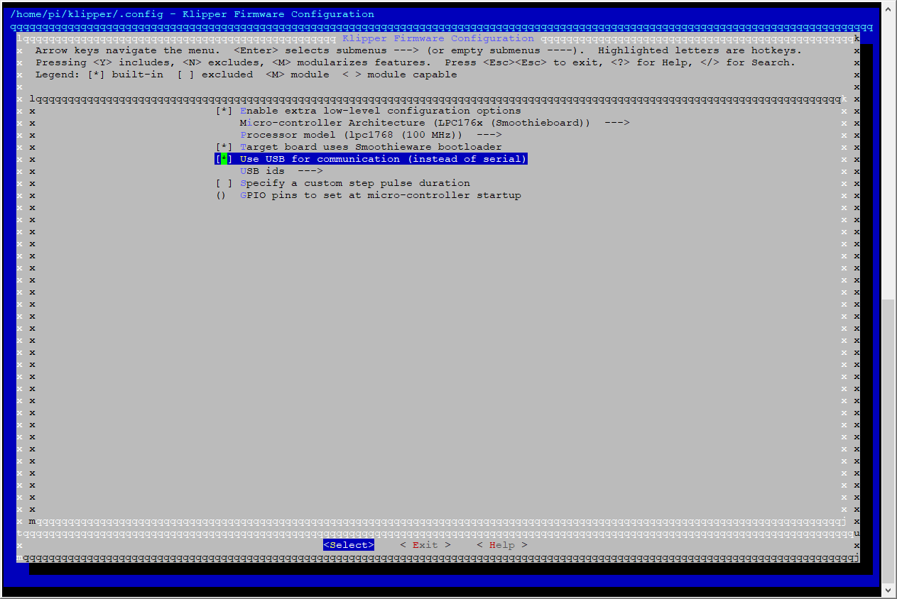 Klipper's menuconfig dialog with USB communication enabled